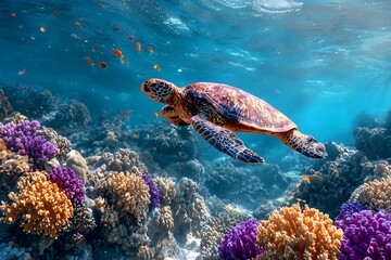 Fototapeta premium underwater sea turtle swims with coral reef