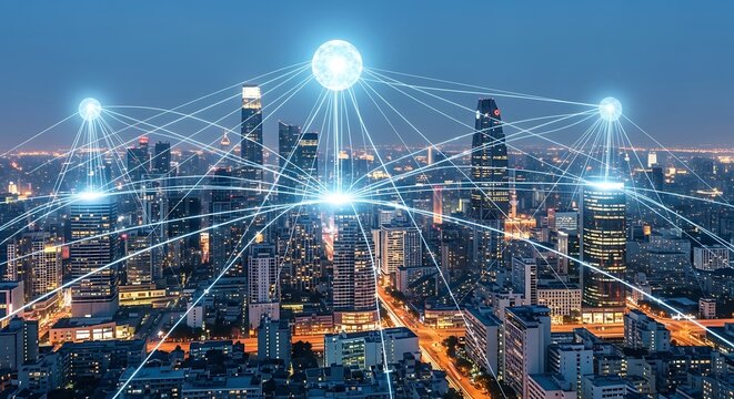 Futuristic cityscape with digital network connections at night - Powered by Adobe