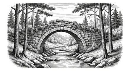 Stone bridge forest river landscape drawing sketch illustration nature scenic trees rocks water archway art