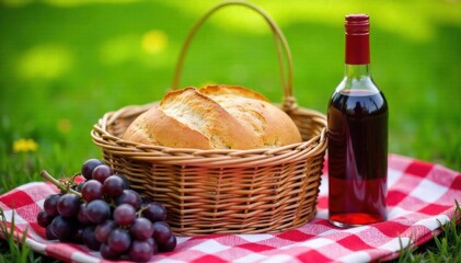 Wicker picnic basket filled with bread, cheese, grapes, and a bottle of wine on a checkered blanket. A vintage wicker picnic basket filled with a crusty loaf of bread, a wedge of cheese, a bunch of