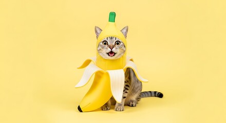 A Cat in a Banana Costume on Yellow Background