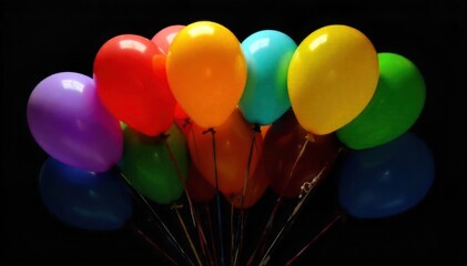 Whimsical balloon arrangements and confetti cascade, celebrating a joyous occasion with vibrant colors and festive elements, no humans. A vibrant and whimsical arrangement of helium balloons in