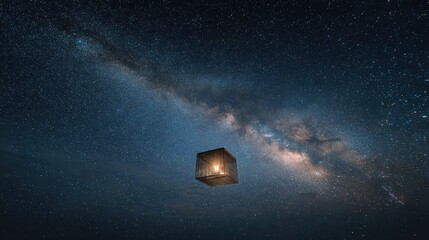 Glowing Sky Lantern Ascends into the Majestic Milky Way Night Sky.