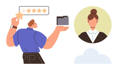 Person holding a star for rating and a folder, alongside a portrait of an employee. Ideal for performance review, feedback, management, HR systems, rating, appraisal decision-making. Simple flat