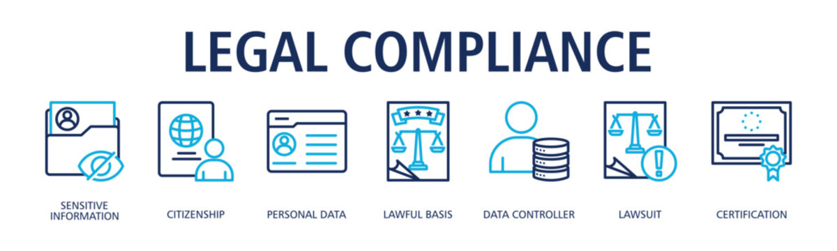 Legal Compliance banner web icon vector illustration concept with icon of sensitive information, citizenship, personal data, lawful basis, data controller, lawsuit, certification
