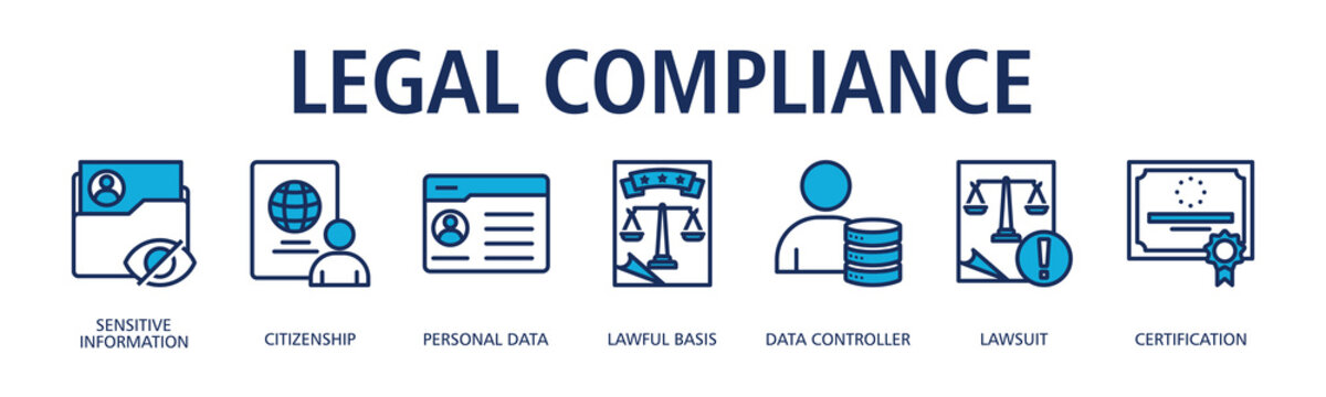 Legal Compliance banner web icon vector illustration concept with icon of sensitive information, citizenship, personal data, lawful basis, data controller, lawsuit, certification
