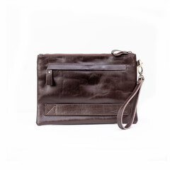 Beautiful dark brown leather pouch isolated on white background