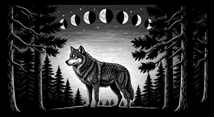 Wolf moon phases forest night stars nature wildlife animal illustration monochrome art design artwork drawing