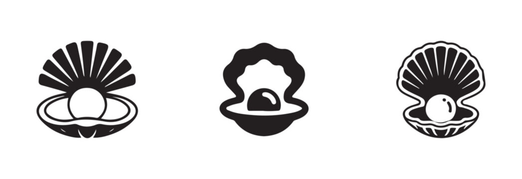 Pearl simple oyster icon set, open shell graphic symbol, Open oyster pearl outline style, Various pearl oyster shells, vector illustration EPS 10.