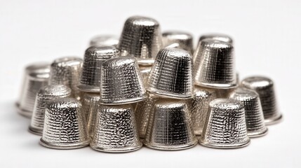 Mini silver thimble pile isolated on white background