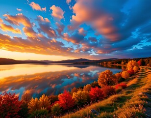 Autumn Sunset Over Tranquil Reflective Lake