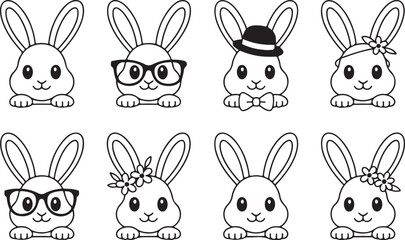Obraz premium Cute Bunny Rabbit Head Icons with Glasses and Hats - Easter Outline Vector