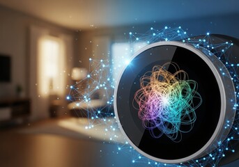 Futuristic smart home device with digital network visualization in modern living room
