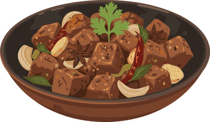 Detailed Illustration of Indonesian Traditional Tahu Tempe Bacem Dish on Bowl