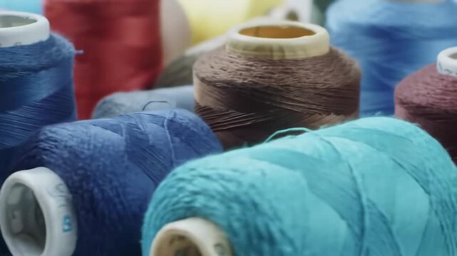A close-up view of spools of thread in various colors, tightly wound and stacked together