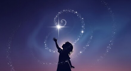 Obraz premium Silhouette of Girl Reaching Toward Bright Star with Magical Sparkles in Night Sky