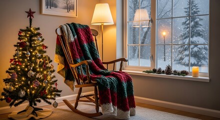 Cozy Christmas scene with a decorated tree, rocking chair draped with a blanket, and a snowy window view.