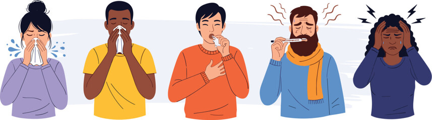 Diverse Group Experiencing Flu-like Symptoms & Illnesses: Healthcare Illustrations of Sick Individuals Sneezing, Coughing, Feverish, Headache in Contemporary Style for Medical Education, Health Awaren