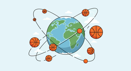 Flat vector illustration of a globe with basketballs orbiting around it, symbolizing global love for the game, World Basketball Day theme, modern and creative composition
