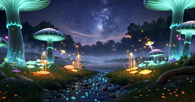 Enchanted forest at night with glowing mushrooms, fairies dancing, and a starry sky backdrop