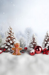 Red Christmas balls and gingerbread piece in a row with trees covered with snow and snowfall on abstract background in winter. Horizontal composition.