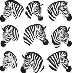 Set of artistic black and white zebra head silhouette vector on white background