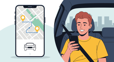 Smiling Young Man Using Navigation App on Smartphone While Riding in Car, Modern Urban Commute with GPS Tracking, Mobile Technology for Transportation and Location Services, Ride Sharing Application,