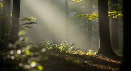 Fototapeta premium Magical Forest Scene with Dramatic Sun Rays, Foggy Morning Light Beams in Lush Green Deciduous Wood with Tree Trunks
