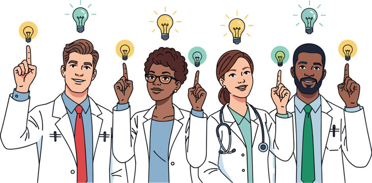 Medical Team Having Eureka Moment Generating Innovative Solutions, Diverse Doctors Pointing Upward at Lightbulbs, Collaboration in Healthcare, Illustration Style, Vector Graphics, Clinic Professionals