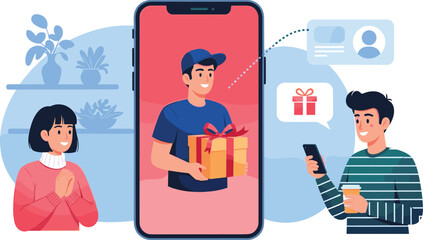 Online Gift Delivery Service with Mobile App: Cheerful Customer Receiving Present from Courier via Smartphone, Connected by Technology for Modern Gifting Experience, Business Solution, Advertising,  M