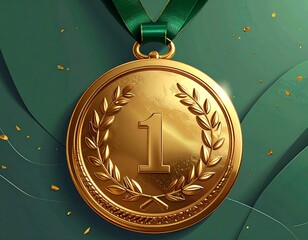A gold medal with a green ribbon, celebrating first place