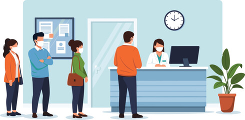 People Waiting at Healthcare Reception Wearing Masks During Pandemic Illustration in Hospital Clinic or Doctor's Office, Social Distancing for Virus Protection, Modern Flat Vector Style, Presentation