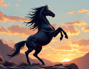 Black Stallion Rearing Rocky Terrain Sunrise