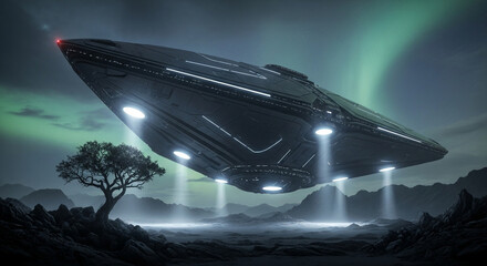 Futuristic Alien Spaceship Hovering Over Rocky Landscape with Aurora Borealis