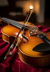 Fototapeta premium Violin and bow on red