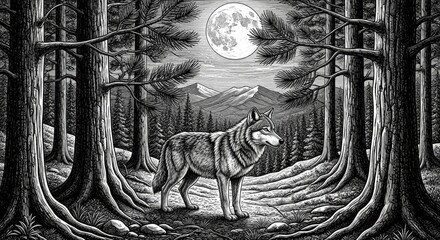 Wolf in forest under moon illustration nature wildlife animal trees landscape monochrome drawing art print