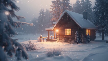Cozy log cabin glows warmly amid a snowy winter wonderland serene escape