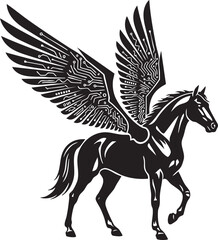 Black Silhouette Pegasus (Winged Horse) with Intricate Mechanical/Tech Circuit Wings – Fantasy Vector Silhouette