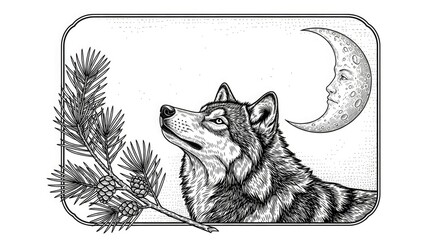 Wolf howling at moon illustration with pine branch and cones detailed ink drawing vintage style art