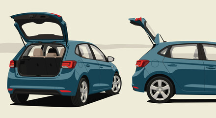 Blue Hatchback Cars with Open Trunks Parked on a Neutral Surface Demonstrating Vehicle Functionality and Spaciousness for Transportation Marketing and Automotive Advertising Presentations, Modern Desi