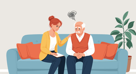Worried Senior Man Receives Support from Compassionate Counselor on Sofa in Home Setting, Addressing Cognitive Decline and Mental Health Concerns with Empathy for Dementia, Alzheimer's Care in a Comfo