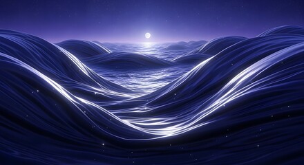 Vast ocean of billowing silk fabric waves under a twilight, starry sky, catching shimmering highlights