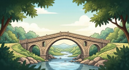 Cartoon stone bridge river landscape nature trees sky illustration scenic view beautiful outdoors peaceful scene