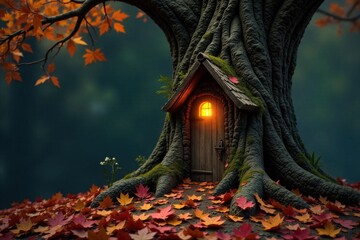 Autumnal Forest Gnome Dwelling A detailed, realistic rendering of a gnome sized dwelling built from a large, colorful mushroom cap. The dwelling is nestled at the base of an ancient oak tree,