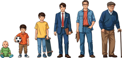 Man's Life Cycle Stages: From Baby to Elderly Adult, Showing Growth and Aging Through Childhood, Adulthood, and Senior Years, Conceptual Illustration for Education, Healthcare, and Generational Studie