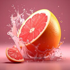 A grapefruit half with a slice, bursting through splash of water on pink