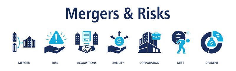 Mergers & Risks banner web icon vector illustration concept with icon of merger, risk, acquisitions, liability, corporation, debt, divident
