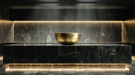 Golden Bowl on Illuminated Black Surface, Dramatic Lighting, Modern Interior Design.