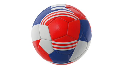 A single colorful rugby ball with red white and blue panels isolated on transparent background