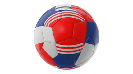 A single colorful rugby ball with red white and blue panels isolated on transparent background